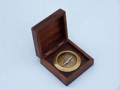 Antique Brass Captains Desk Compass with Rosewood Box 4""