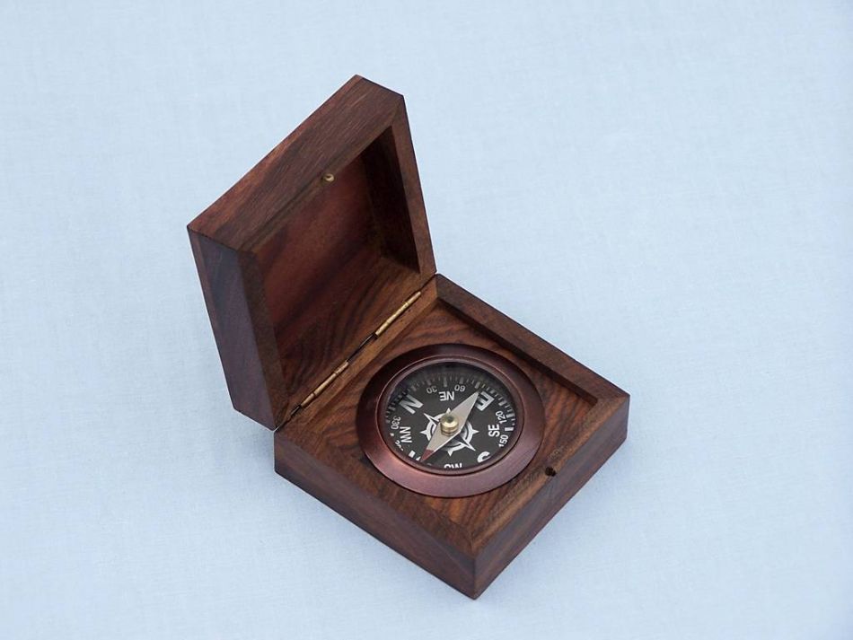 Antique Copper Black Desk Compass with Rosewood Box 3""