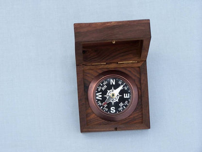 Antique Copper Black Desk Compass with Rosewood Box 3""