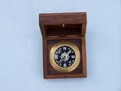 Antique Brass Black Desk Compass with Rosewood Box 3""
