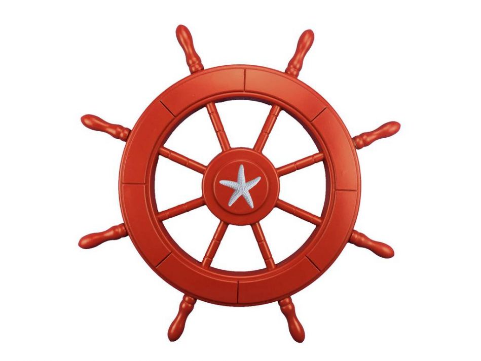 Red Decorative Ship Wheel With Starfish 24""
