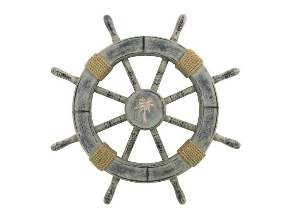 Rustic Whitewashed Decorative Ship Wheel With Palm Tree 18""