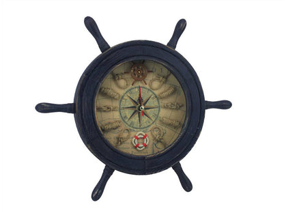 Wooden Rustic Dark Blue Ship Wheel Knot Faced Clock 12""