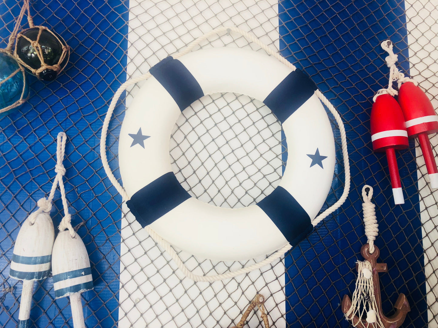 Classic White Decorative Lifering with Blue Bands 15""