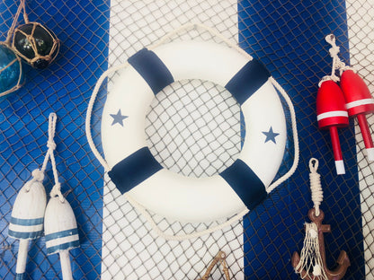 Classic White Decorative Lifering with Blue Bands 15""