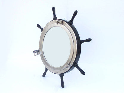 Deluxe Class Wood and Brushed Nickel Ship Wheel Porthole Mirror 36""
