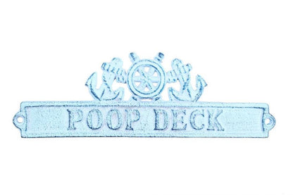 Dark Blue Whitewashed Cast Iron Poop Deck Sign with Ship Wheel and Anchors 9""