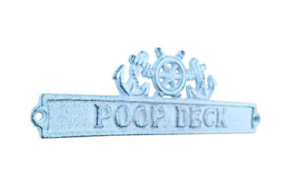 Dark Blue Whitewashed Cast Iron Poop Deck Sign with Ship Wheel and Anchors 9""