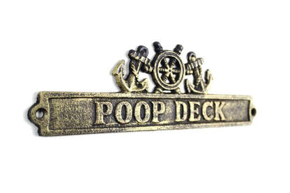 Antique Gold Cast Iron Poop Deck Sign with Ship Wheel and Anchors 9""