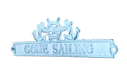 Dark Blue Whitewashed Cast Iron Gone Sailing Sign with Ship Wheel and Anchors 9""