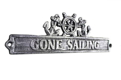 Antique Silver Cast Iron Gone Sailing Sign with Ship Wheel and Anchors 9""