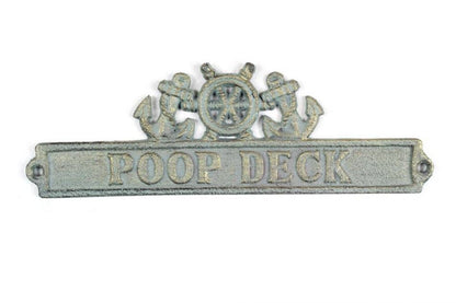 Antique Bronze Cast Iron Poop Deck Sign with Ship Wheel and Anchors 9""
