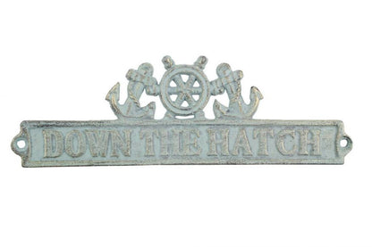 Antique Bronze Cast Iron Down the Hatch Sign with Ship Wheel and Anchors 9""