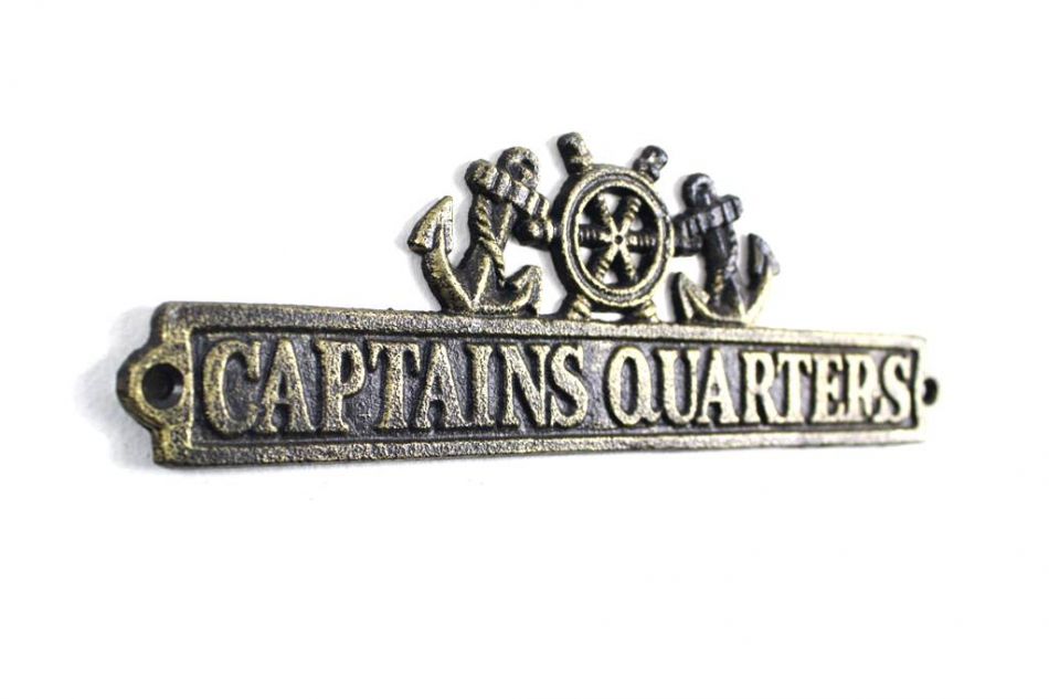 Antique Gold Cast Iron Captains Quarters Sign with Ship Wheel and Anchors 9""