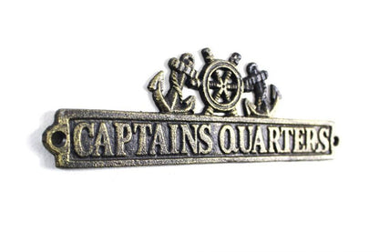 Antique Gold Cast Iron Captains Quarters Sign with Ship Wheel and Anchors 9""