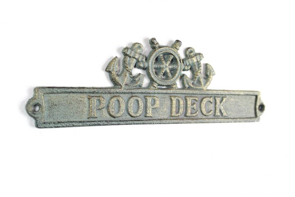 Antique Bronze Cast Iron Poop Deck Sign with Ship Wheel and Anchors 9""