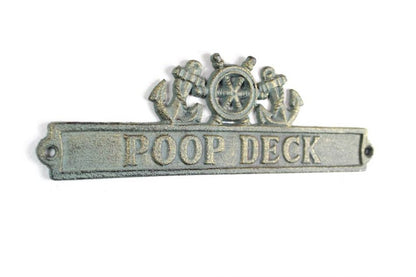 Antique Bronze Cast Iron Poop Deck Sign with Ship Wheel and Anchors 9""