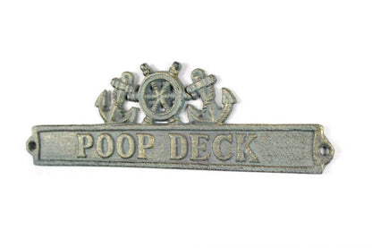 Antique Bronze Cast Iron Poop Deck Sign with Ship Wheel and Anchors 9""