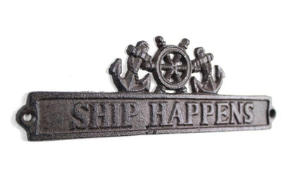 Cast Iron Ship Happens Sign with Ship Wheel and Anchors 9""