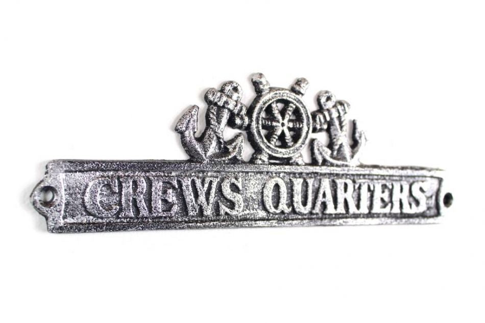 Antique Silver Cast Iron Crews Quarters Sign with Ship Wheel and Anchors 9""