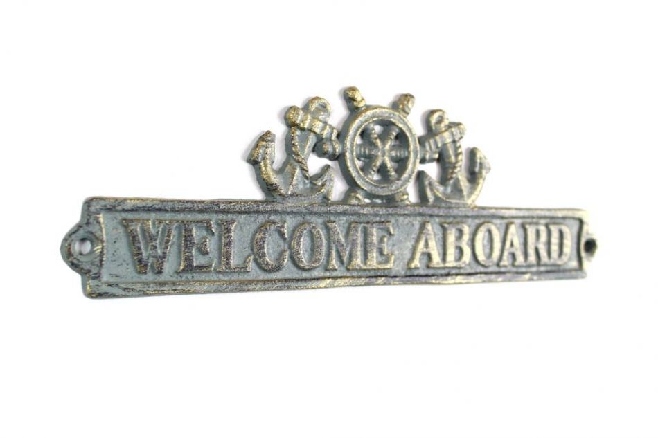 Antique Bronze Cast Iron Welcome Aboard Sign with Ship Wheel and Anchors 9""