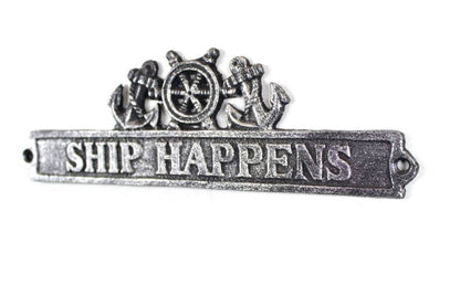 Antique Silver Cast Iron Ship Happens Sign with Ship Wheel and Anchors 9""