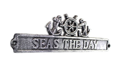 Antique Silver Cast Iron Seas the Day Sign with Ship Wheel and Anchors 9""