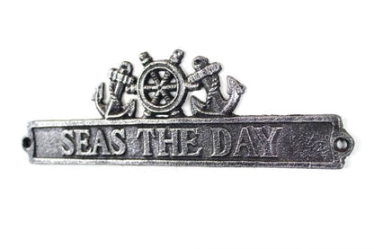 Antique Silver Cast Iron Seas the Day Sign with Ship Wheel and Anchors 9""