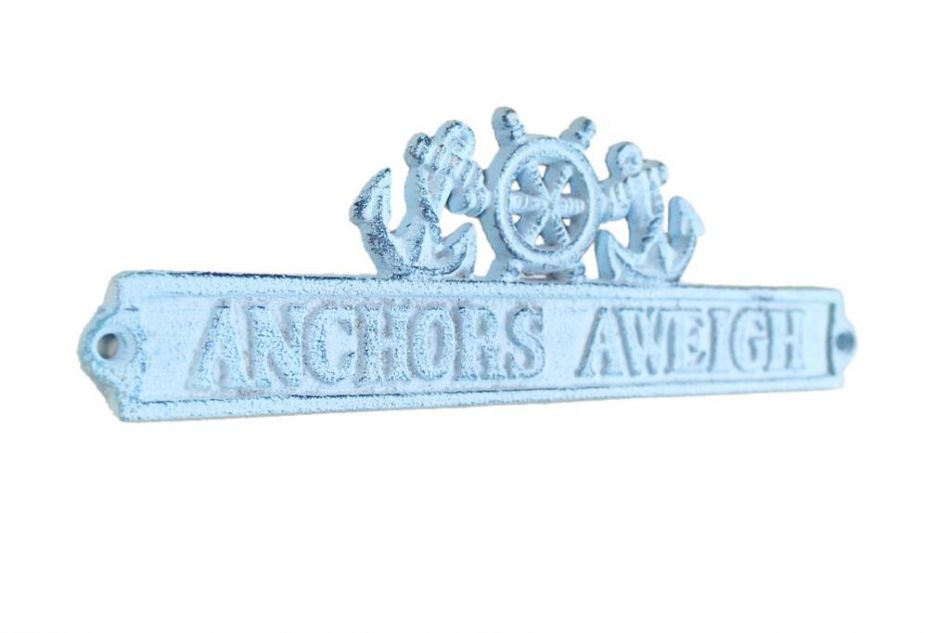 Dark Blue Whitewashed Cast Iron Anchors Aweigh Sign with Ship Wheel and Anchors 9""
