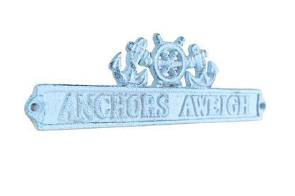 Dark Blue Whitewashed Cast Iron Anchors Aweigh Sign with Ship Wheel and Anchors 9""
