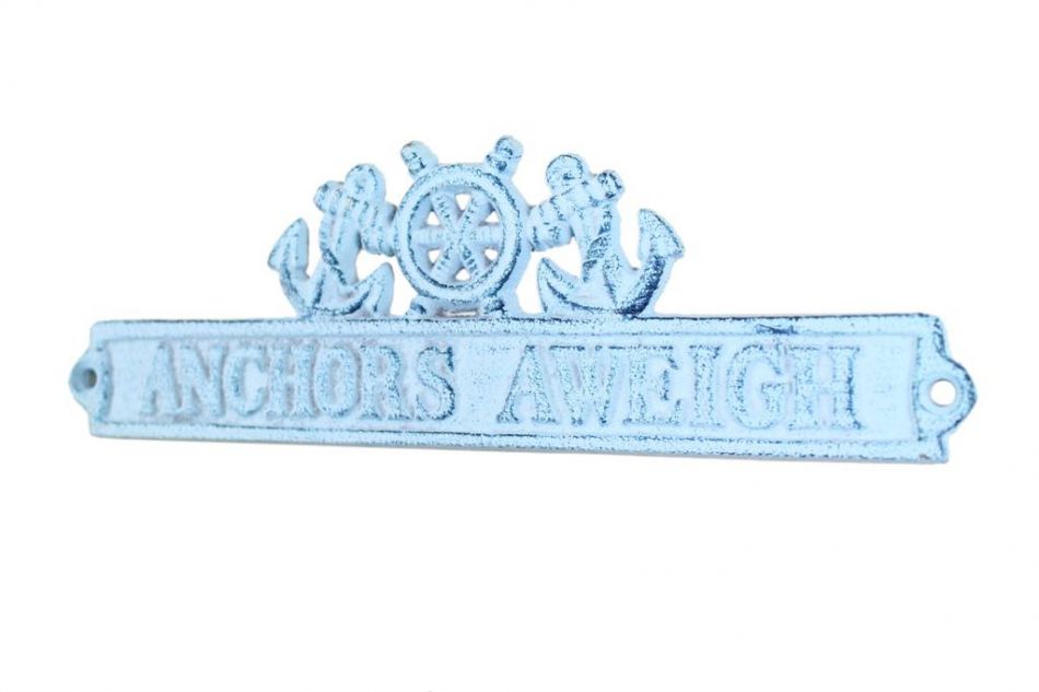 Dark Blue Whitewashed Cast Iron Anchors Aweigh Sign with Ship Wheel and Anchors 9""