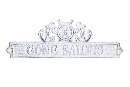 Whitewashed Cast Iron Gone Sailing Sign with Ship Wheel and Anchors 9""