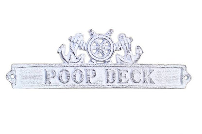 Whitewashed Cast Iron Poop Deck Sign with Ship Wheel and Anchors 9""