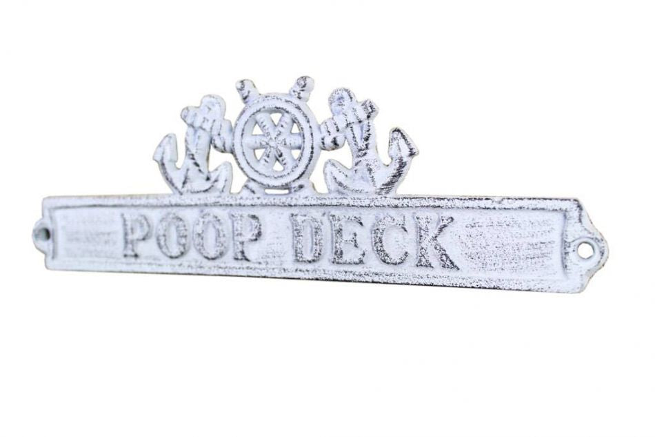 Whitewashed Cast Iron Poop Deck Sign with Ship Wheel and Anchors 9""