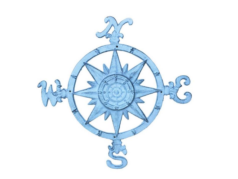 Rustic Dark Blue Whitewashed Cast Iron Large Decorative Rose Compass 19""