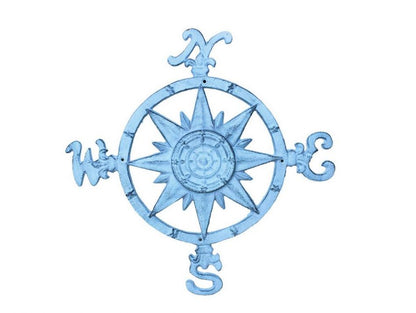 Rustic Dark Blue Whitewashed Cast Iron Large Decorative Rose Compass 19""