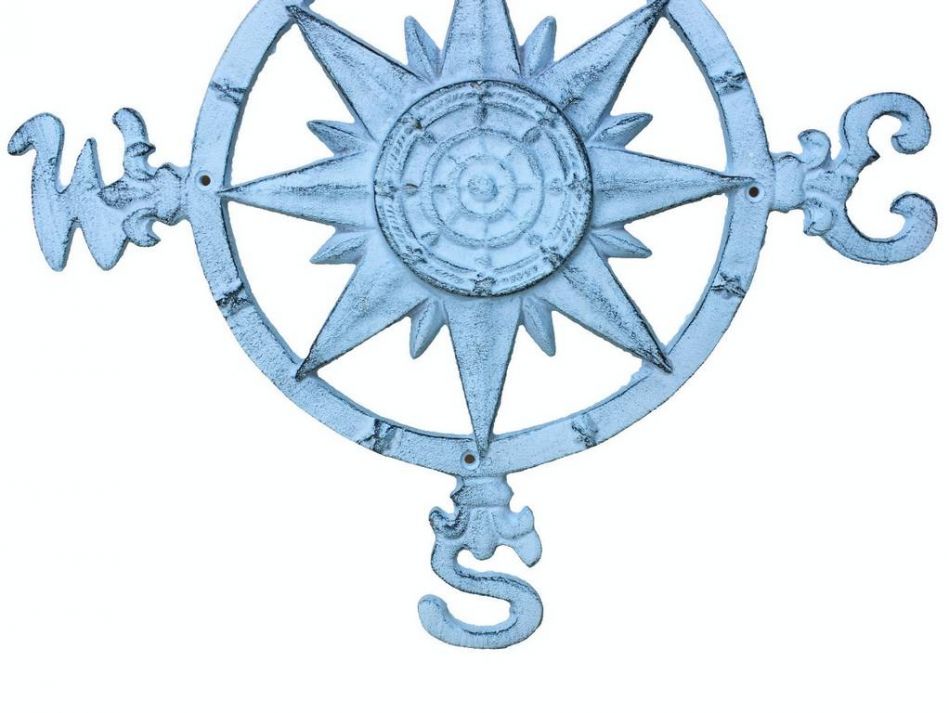 Rustic Dark Blue Whitewashed Cast Iron Large Decorative Rose Compass 19""