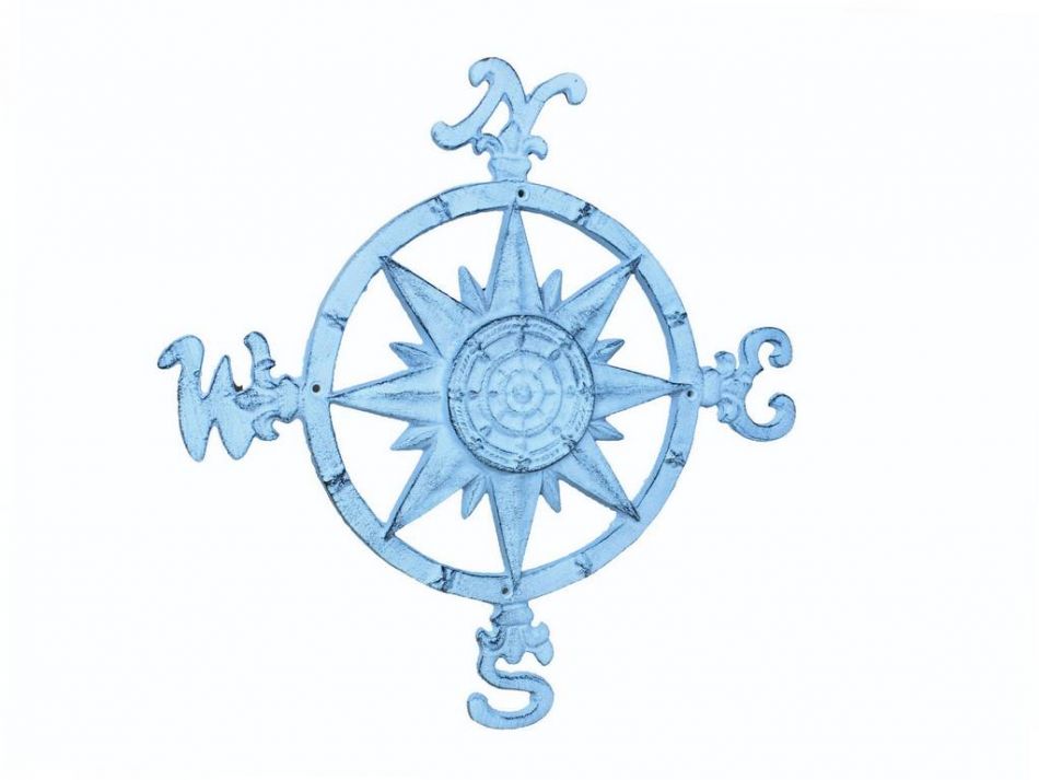 Rustic Dark Blue Whitewashed Cast Iron Large Decorative Rose Compass 19""