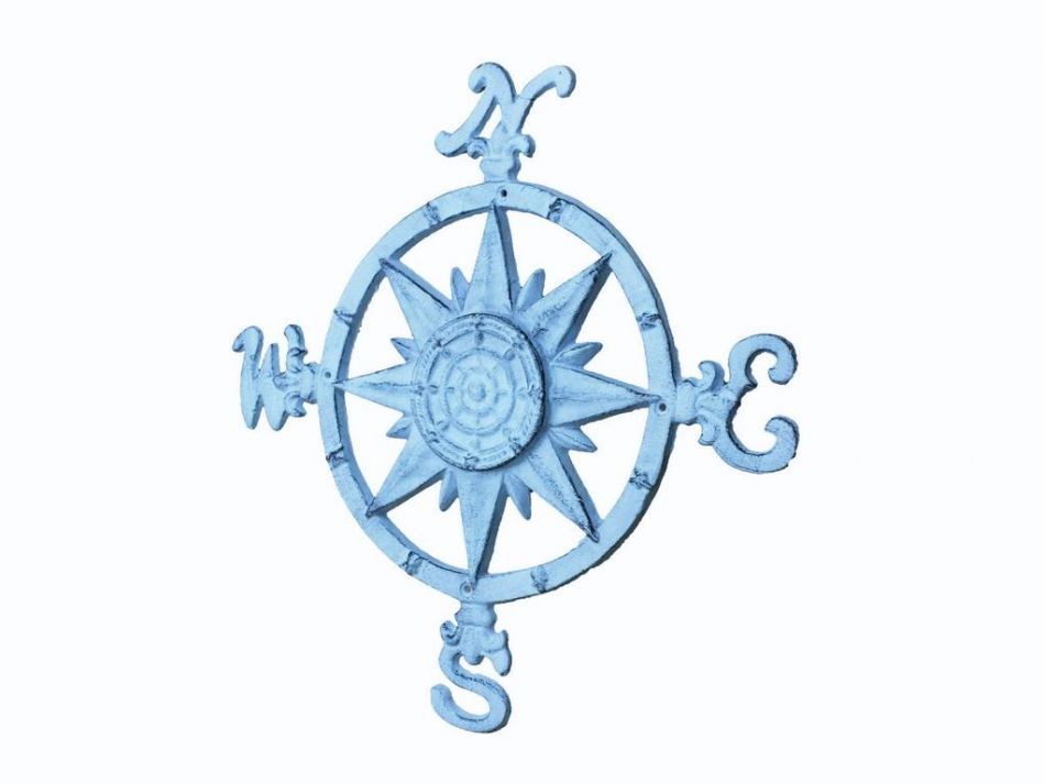 Rustic Dark Blue Whitewashed Cast Iron Large Decorative Rose Compass 19""