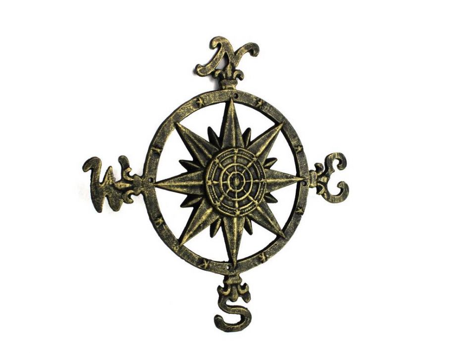 Antique Gold Cast Iron Large Decorative Compass 19""