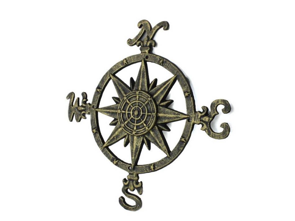 Antique Gold Cast Iron Large Decorative Compass 19""