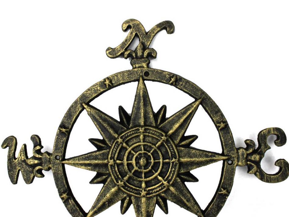 Antique Gold Cast Iron Large Decorative Compass 19""