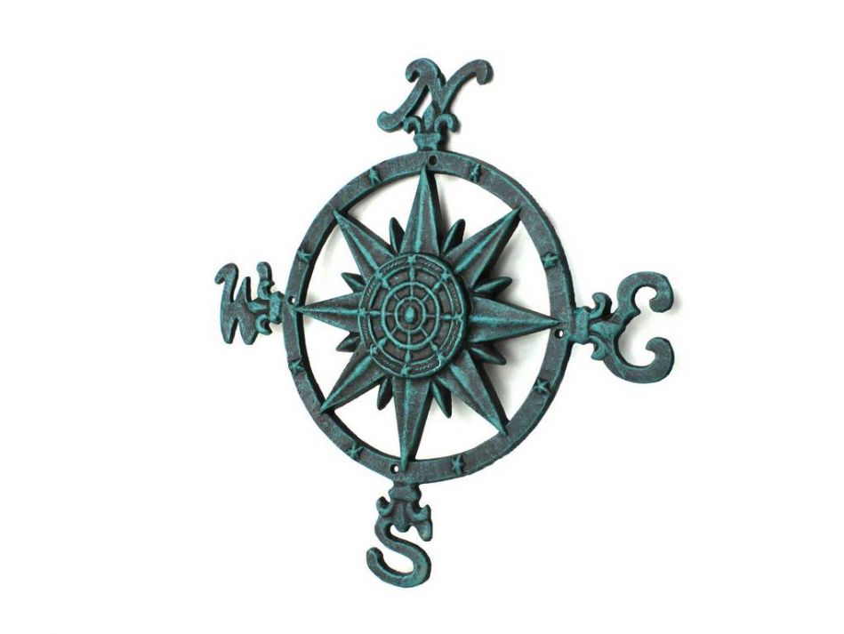 Rustic Seaworn Blue Cast Iron Large Decorative Compass 19""