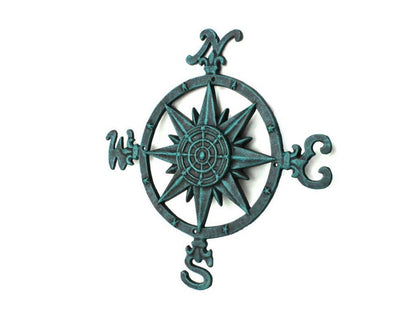 Rustic Seaworn Blue Cast Iron Large Decorative Compass 19""