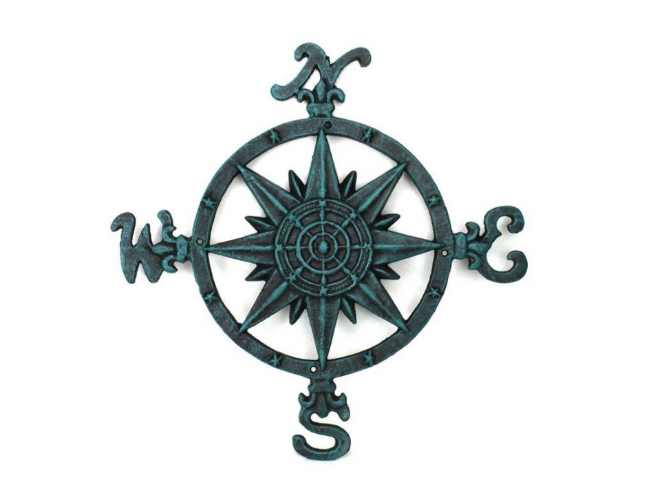 Rustic Seaworn Blue Cast Iron Large Decorative Compass 19""