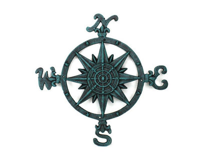 Rustic Seaworn Blue Cast Iron Large Decorative Compass 19""