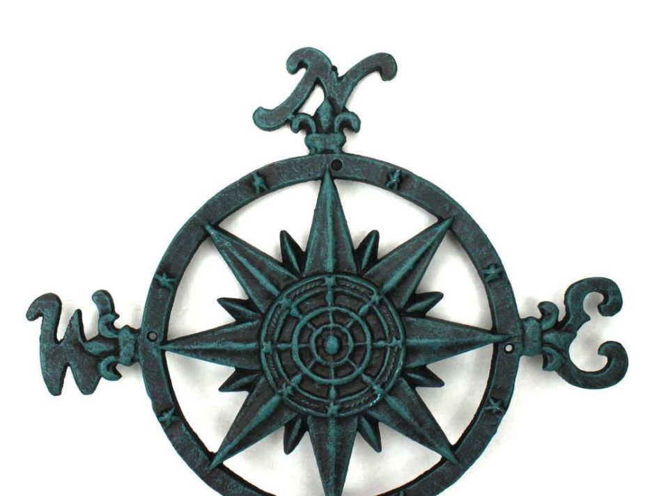 Rustic Seaworn Blue Cast Iron Large Decorative Compass 19""