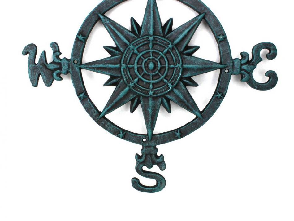 Rustic Seaworn Blue Cast Iron Large Decorative Compass 19""
