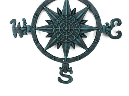 Rustic Seaworn Blue Cast Iron Large Decorative Compass 19""