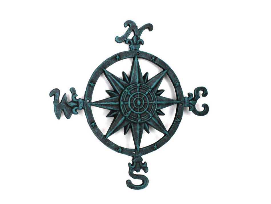 Rustic Seaworn Blue Cast Iron Large Decorative Compass 19""